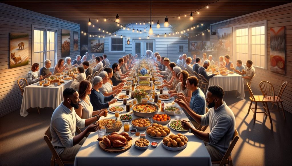 large group enjoying catered meal at long tables with budget friendly dishes