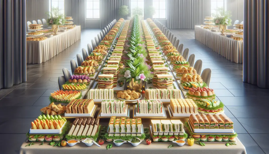 long catering table filled with assorted sandwiches and platters for large event