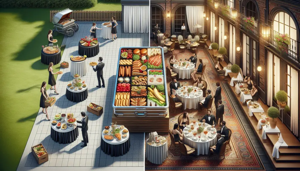 side by side illustration of catering setup and restaurant dining for cost comparison