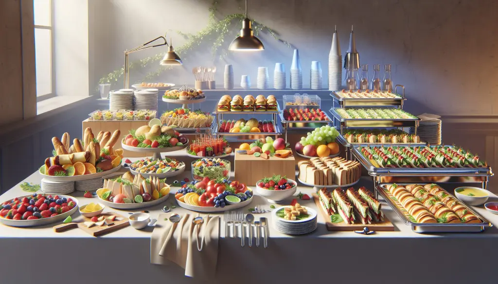 buffet table with sandwiches, fruits, pastries, and affordable catering options for parties