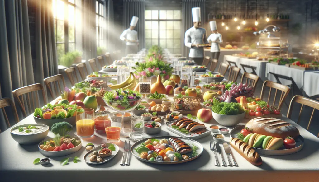 catered table with salads fruits bread and healthy dishes for tailored diet menu