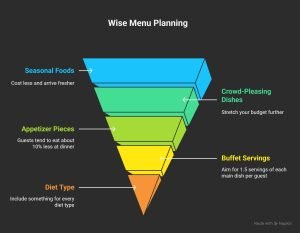 wise menu planning funnel showing seasonal foods appetizers buffet servings and diet options for catering 100 guests