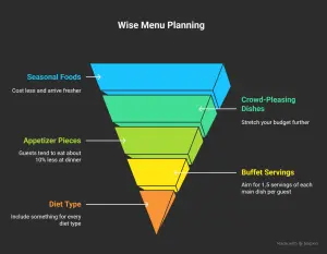 wise menu planning funnel showing seasonal foods appetizers buffet servings and diet options for catering 100 guests