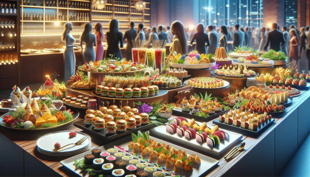 buffet table with a variety of popular catering foods including sliders sushi pastries and desserts