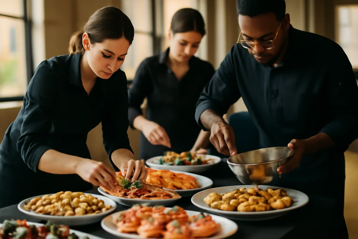 Evolved Catering Baltimore team plating grab-and-go breakfast trays for a corporate event