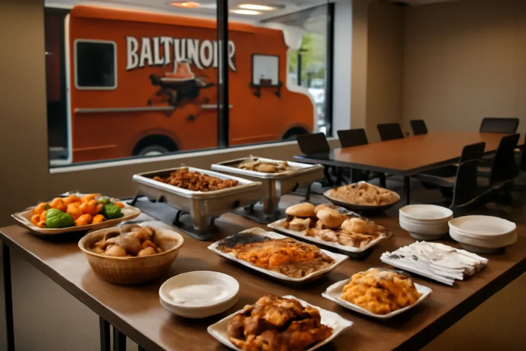Corporate catering station setup in a Baltimore meeting room with chafing dishes