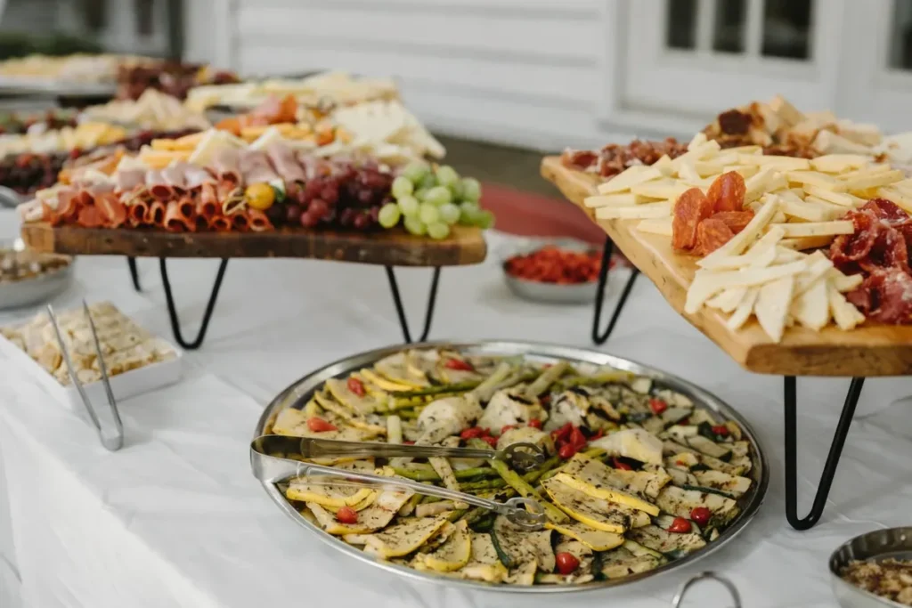 Large buffet spread set up to feed a 100-guest catered event in Baltimore