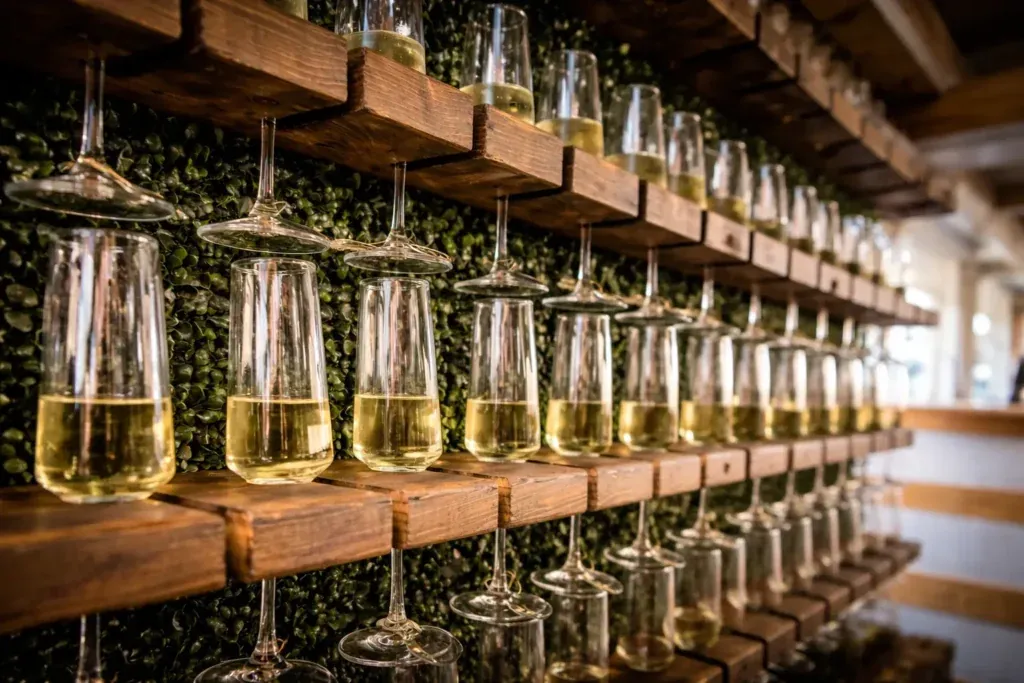Wall of filled champagne glasses on wooden shelves at a catered cocktail reception