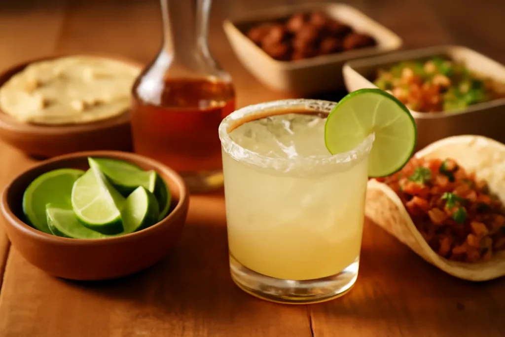 Margarita and taco station set up for bar service at a catered party