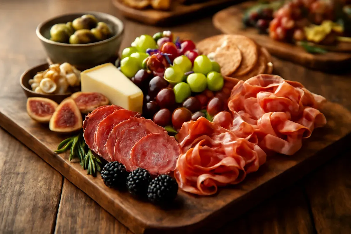 Charcuterie board with salami, cheese, figs and grapes. Catering in Ashburton, Baltimore.
