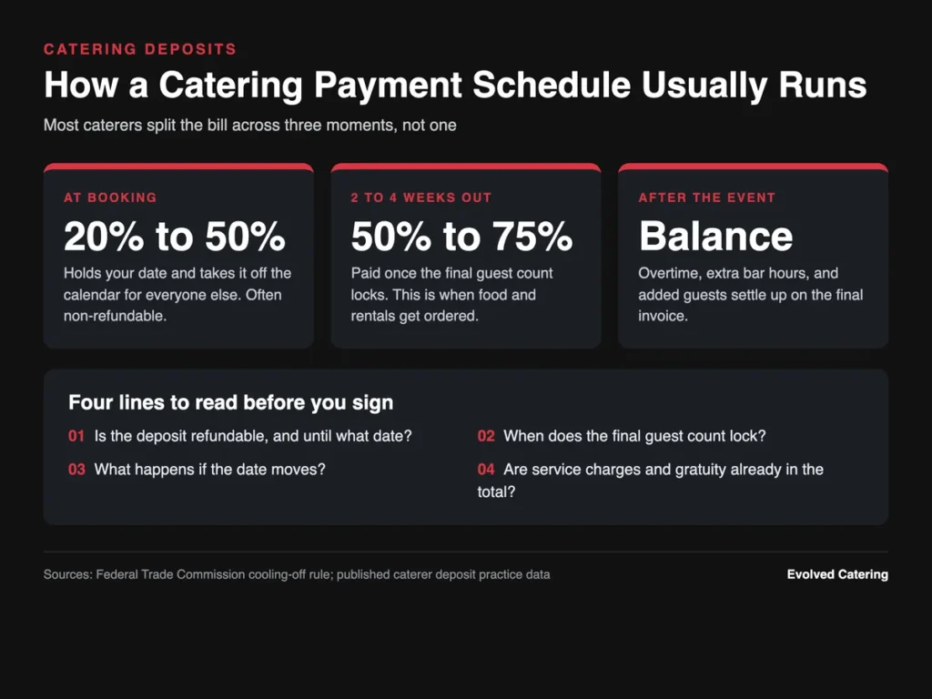 Infographic showing a typical catering payment schedule from deposit at booking to final balance