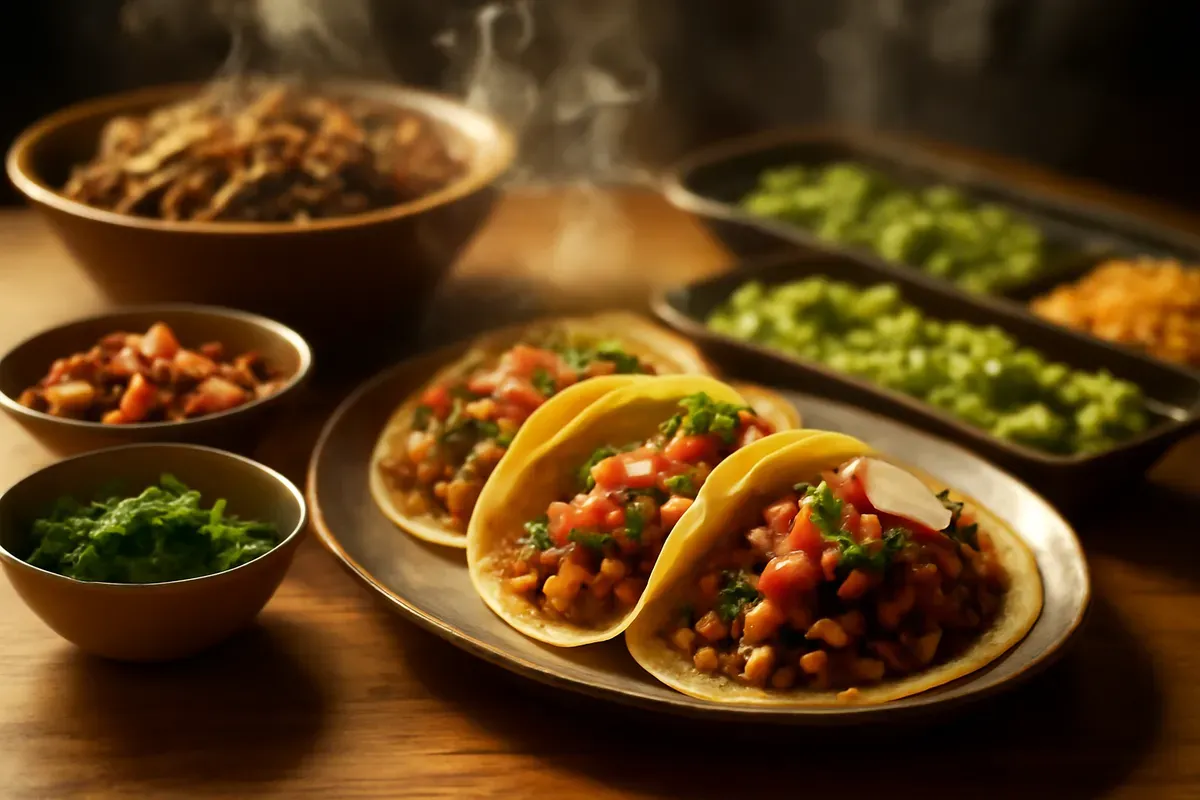 Street tacos plated with bowls of salsa and guacamole. Catering in Greater Govans, Baltimore.