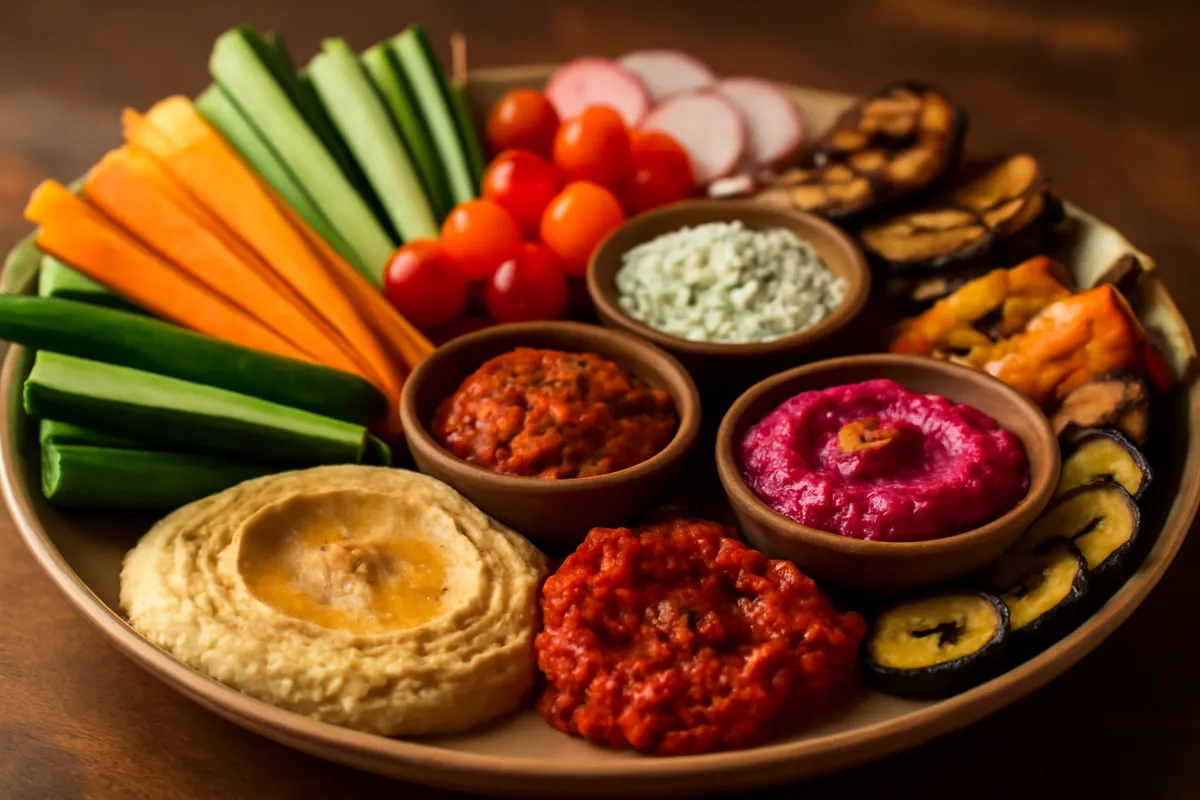 Vegetable platter with hummus and grilled vegetable dips. Catering in Greater Govans, Baltimore.