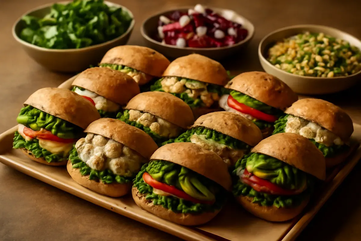 Tray of vegetable sliders with bowls of fresh toppings. Catering in Greater Govans, Baltimore.