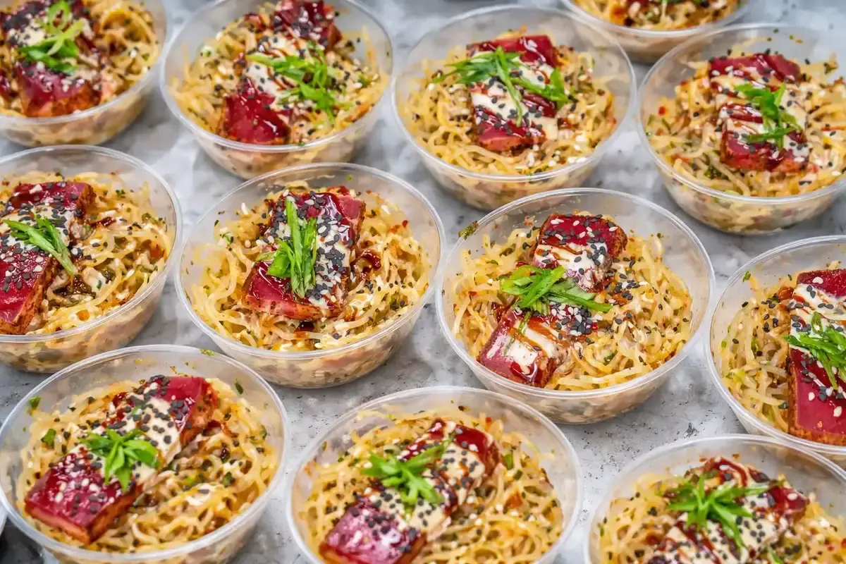 Noodle bowl cups portioned for a catered lunch. Catering in Loyola University Maryland, Baltimore.