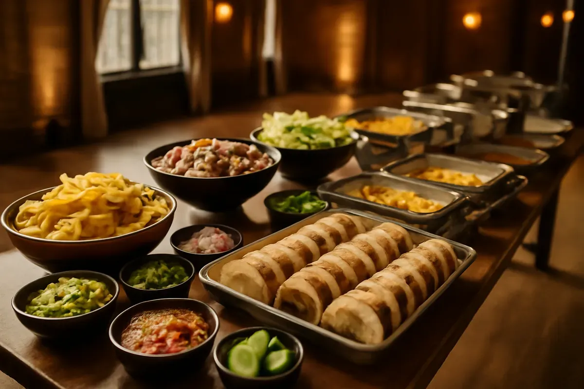 Taco bar line with warm tortillas and bowls of toppings. Catering in Morrell Park, Baltimore.