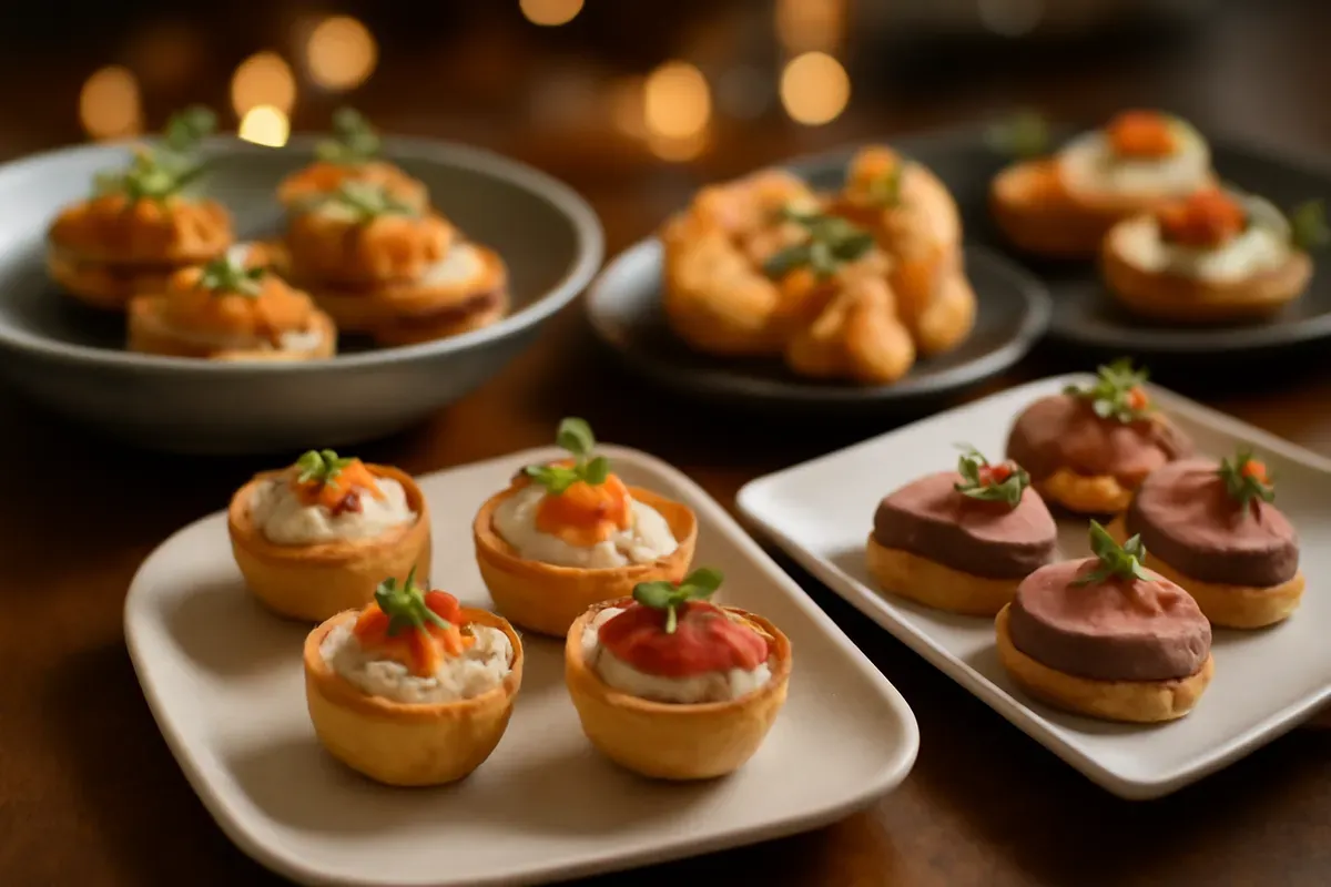 Tartlets and crostini canapes plated for passed service. Catering in Sowebo, Baltimore.
