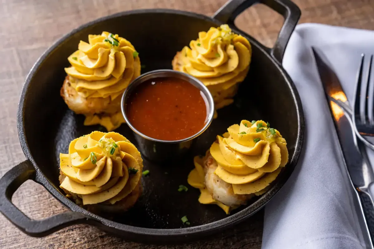 Crab and mac bites in a cast iron skillet with dipping sauce. Catering in Waltherson, Baltimore.