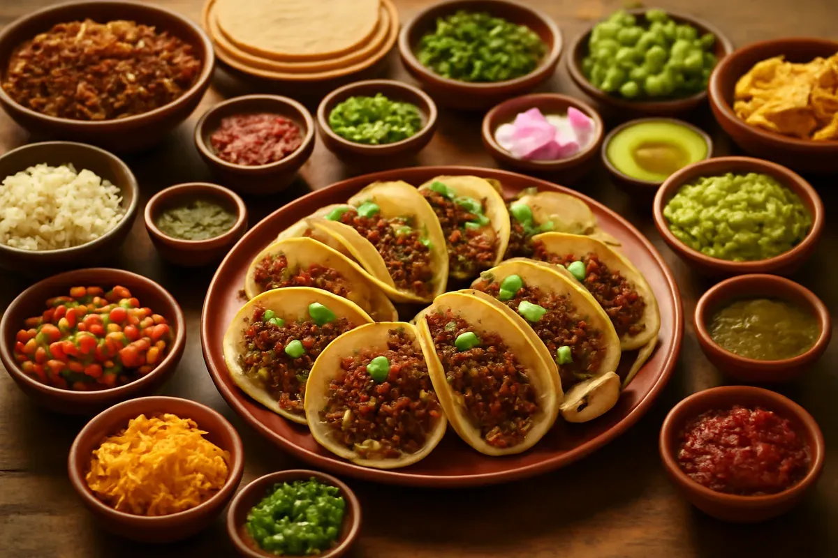 Taco platter surrounded by bowls of salsa and toppings. Catering in Waltherson, Baltimore.