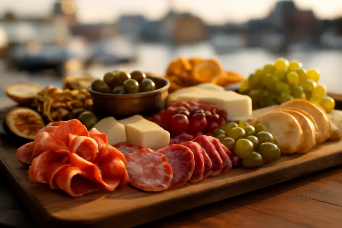Charcuterie board of meats, cheese and grapes with a harbor backdrop. Catering in Westport, Baltimore.