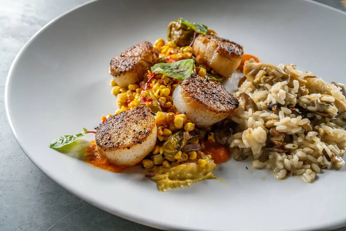 Plated seared scallops with corn and wild rice. Catering in Westport, Baltimore.