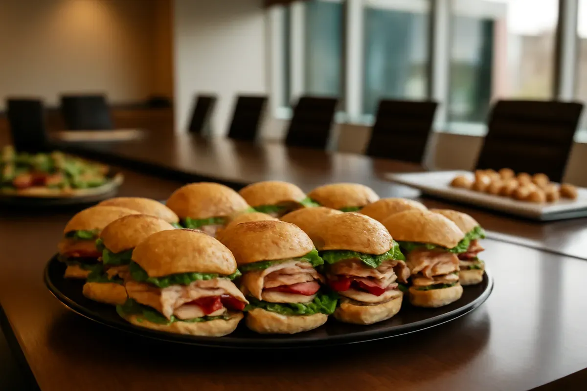 Platter of small sandwiches set out on a boardroom table. Catering in Wilhelm Park, Baltimore.
