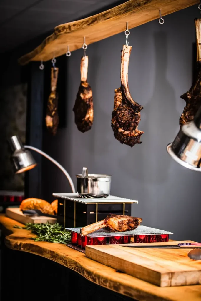 Staffed carving station with hanging tomahawk steaks and warming lamps at a catered buffet