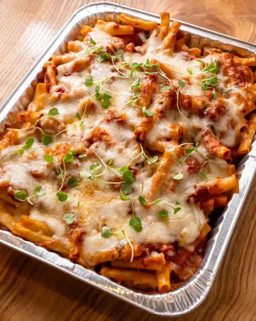Full catering tray of baked ziti with melted cheese, ready for a graduation party buffet