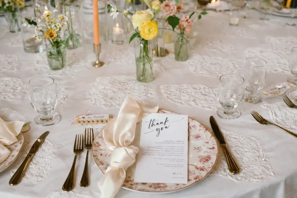 Wedding place setting with a printed thank you card ready for a catered reception in Baltimore