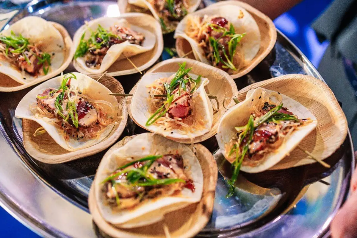 Mini taco appetizers on a platter for guests to grab in Baltimore