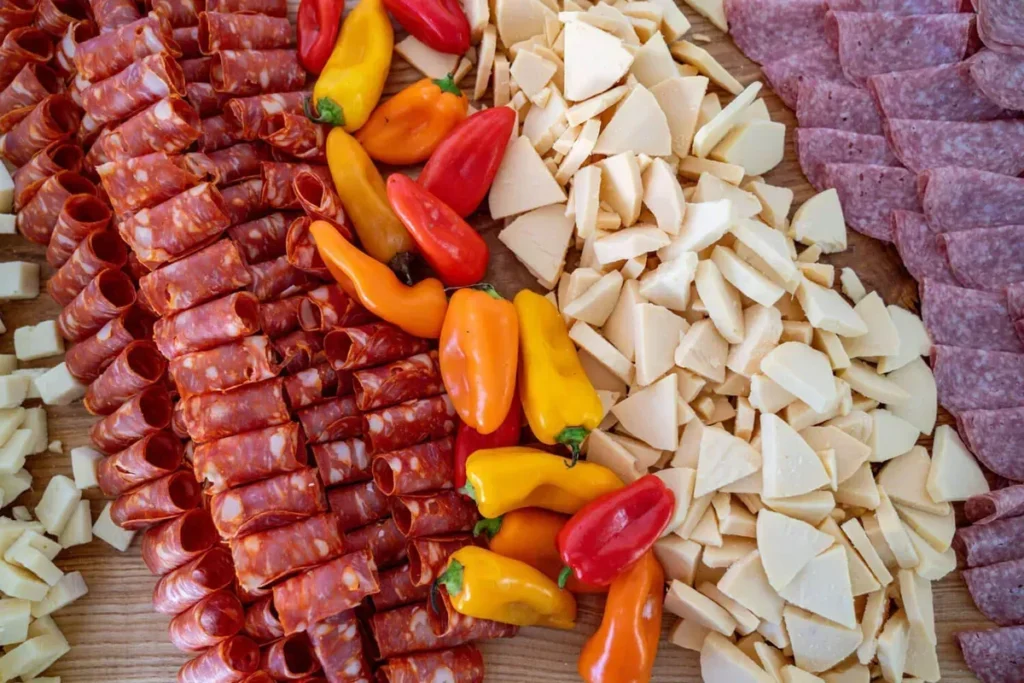Charcuterie platter with meats cheeses and peppers for a Baltimore office holiday party