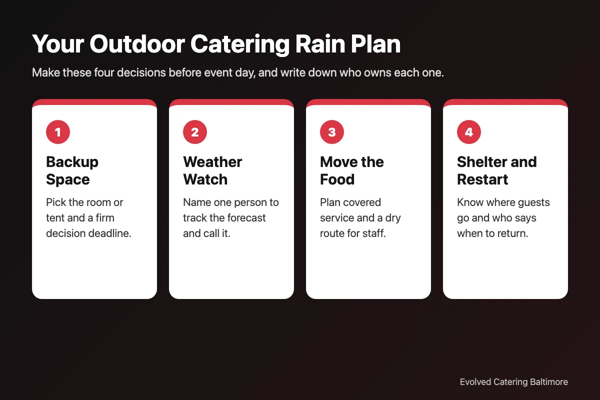 Infographic showing the four decisions in an outdoor catering rain plan