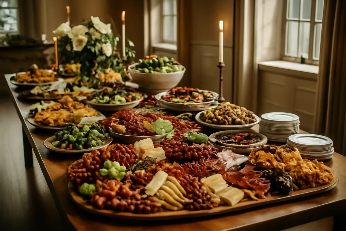 Grazing table display with cheeses, cured meats, breads and seasonal produce at a catered event
